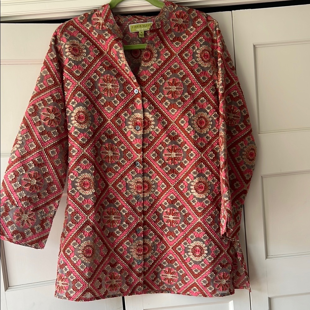 Sigrid Olsen Red and Gold Patterned Shirt